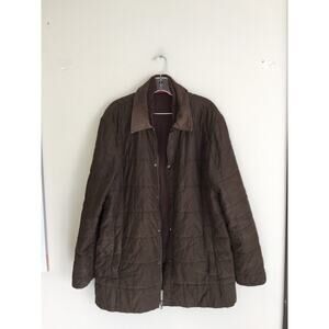 Cole Haan Brown Quilted Jacket Barn Coat Full Zip Collared Leather Trim Sz L